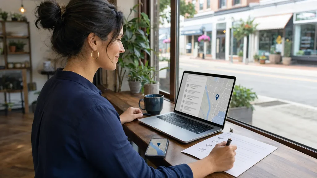 Small business owner reviewing local SEO map results and checklist